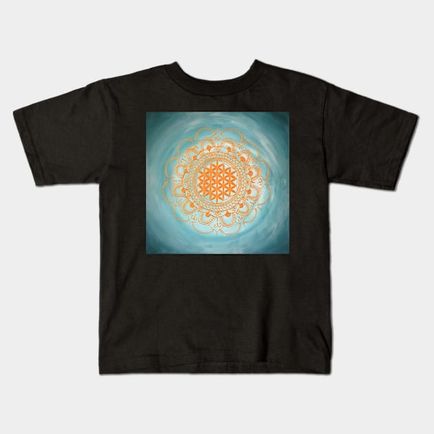 Flower of life mandala "Ocean" gold on turquoise Kids T-Shirt by monchie